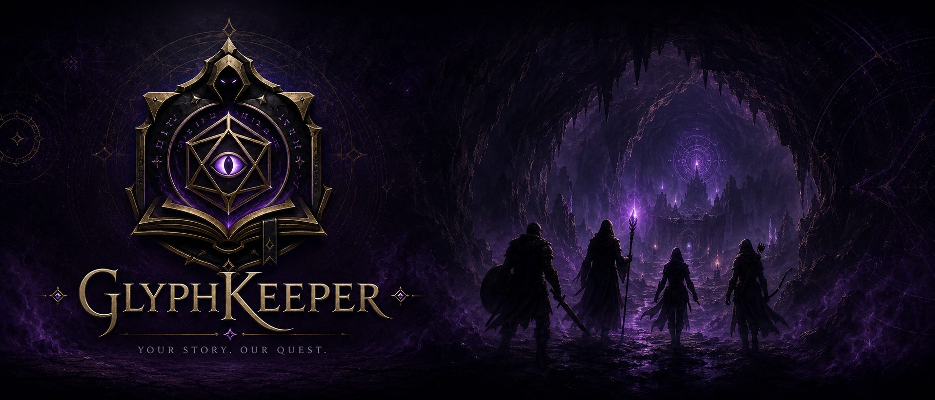 GlyphKeeper emblem and adventurers entering a glowing purple cavern — Your story. Our quest.